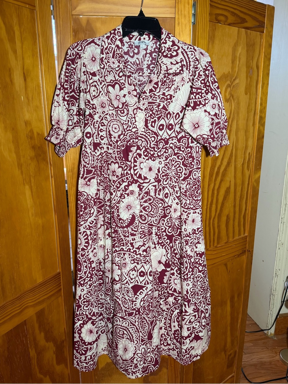 Umgee Burgundy and White Floral Midi Dress, Puff Sleeves|Sz S|Boho, Cottagecore